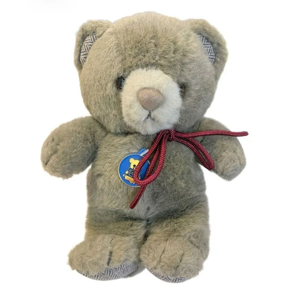 Dakin Vintage 1985 Teddy Bear Plush Herringbone Ears Feet Burgundy Bow Tag